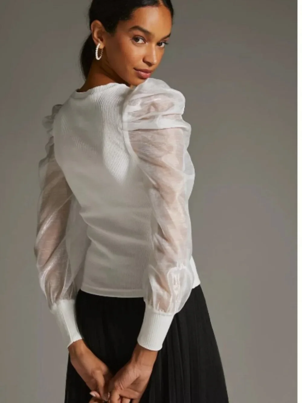 NWT Anthropologie Dolan Left Coast White Ribbed Puff Sheer Organza Sleeve Top‎